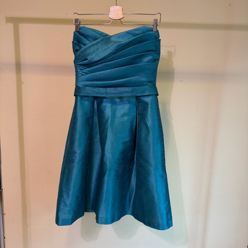 ALFRED SUNG Teal Satin Strapless Evening Dress